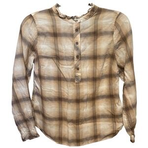 Talbots Plaid Blouse Women's Petite M Brown Tan Ruffle Collar Long Sleeve EUC